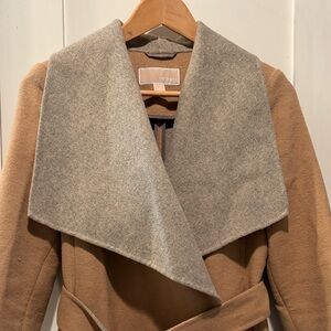 Michael Kors Camel and Gray Wrap Coat. Wool blend. Belted.